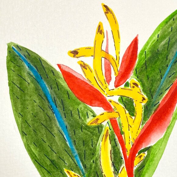 Heliconia Pop Original Watercolor Painting 8x8in White Mat Frame Ready - Picture 3 of 6